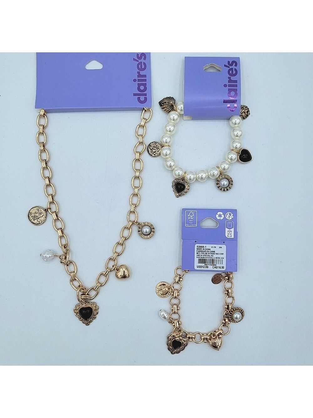 Claire's Gold & Black Charm Necklace & Bracelet Set NEW